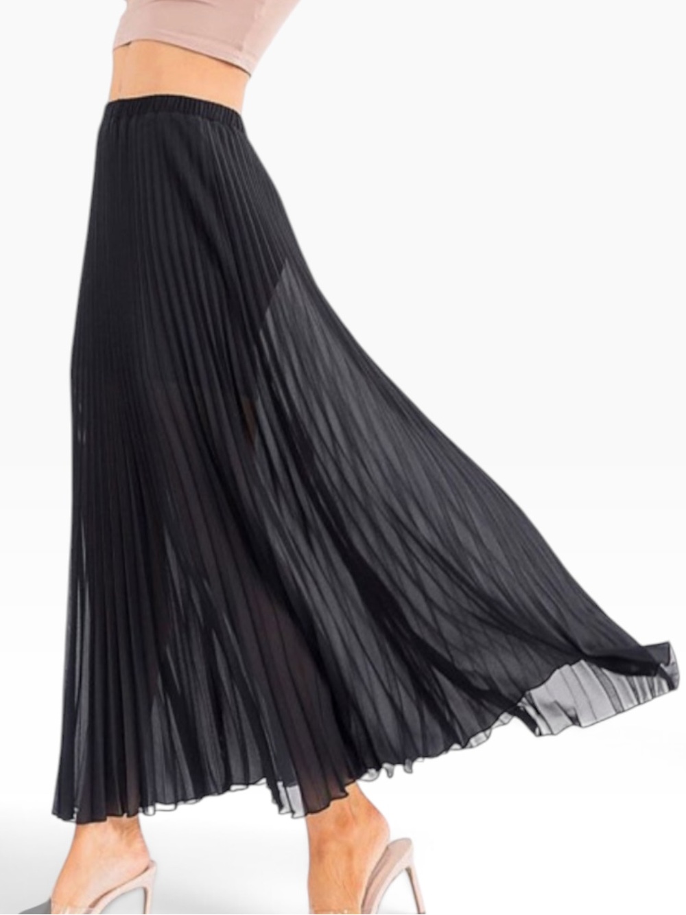 Pleated Black Maxi Skirt Elastic Waist Contrast Lined
